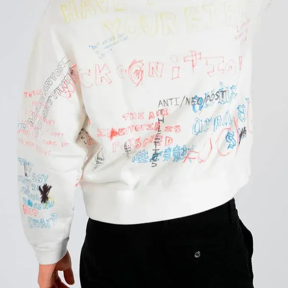 Yeezy White Crewneck Sweater with Multicolor Graphics